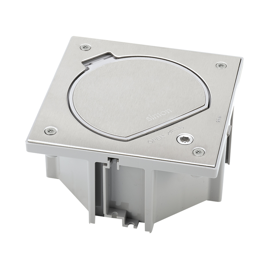 Unidad portamecanismos IP66 con cierre de seguridad y una base de enchufe toma italiana P40 con 1RJ45 categoría 6 UTP acero inox Simon K45