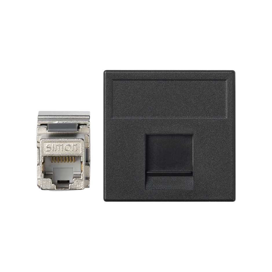 Voice and data flat plate with dust cover for 1 element and 1 RJ45 connector category 5e FTP black Simon K45