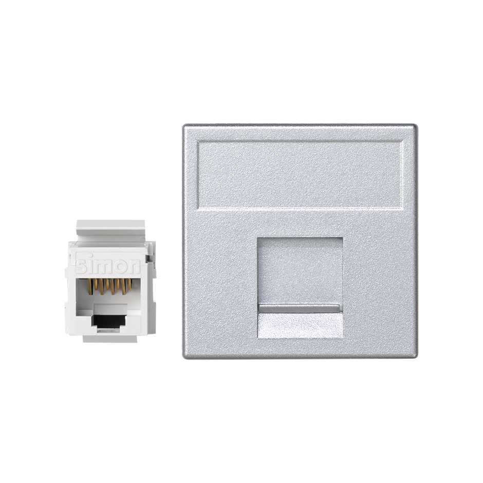 Voice and data flat plate with dust cover for 1 element and 1 RJ45 connector category 5e UTP aluminium Simon K45