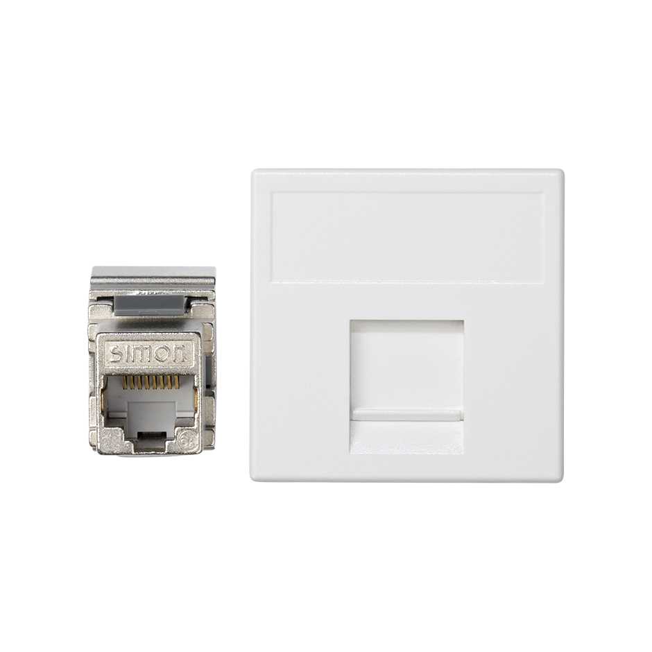 Voice and data flat plate with dust cover for 1 element and 1 RJ45 connector category 6 FTP white Simon K45