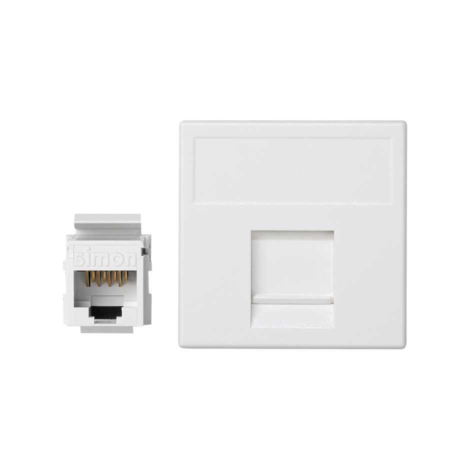 Voice and data flat plate with dust cover for 1 element and 1 RJ45 connector category 6 UTP white Simon K45