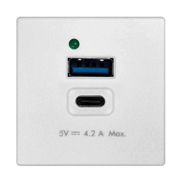 Cargador USB (4,2 A) de 1 elemento K45 tipo “A+C” en blanco Simon K45