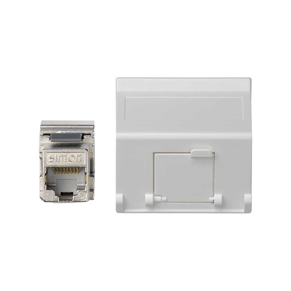 Voice and data angled plate with dust cover for 1 element and 1 RJ45 connector category 5e FTP white Simon K45