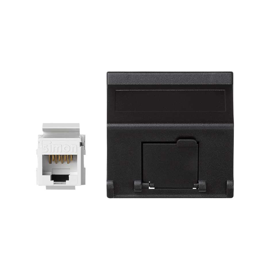 Voice and data angled plate with dust cover for 1 element and 1 RJ45 connector category 5e UTP black Simon K45
