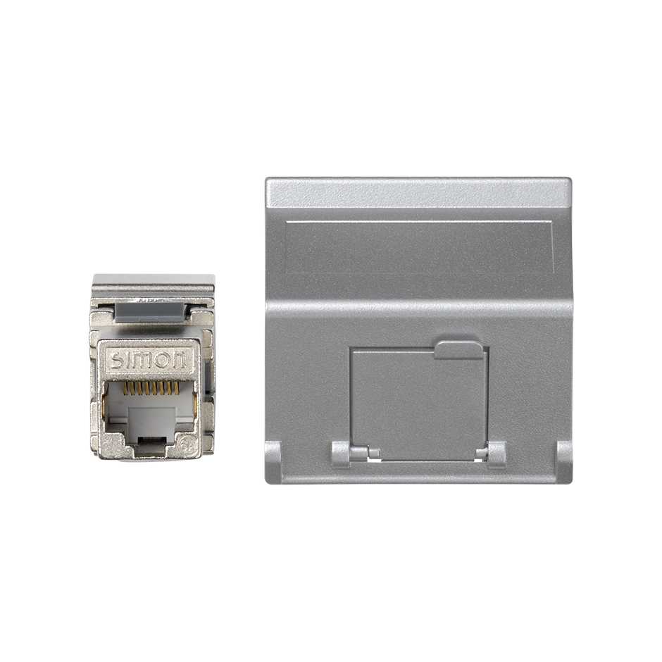 Voice and data angled plate with dust cover for 1 element and 1 RJ45 connector category 6 FTP aluminium Simon K45
