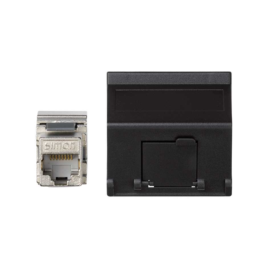Voice and data angled plate with dust cover for 1 element and 1 RJ45 connector category 6 FTP black Simon K45
