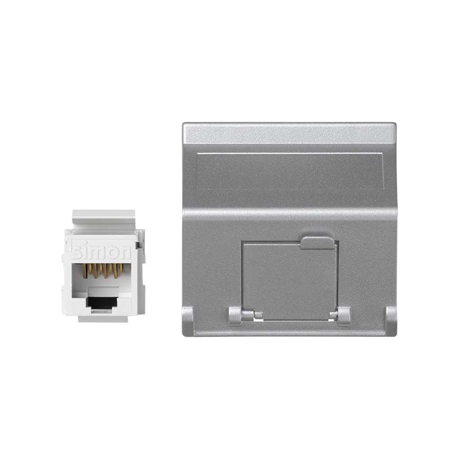 Voice and data angled plate with dust cover for 1 element and 1 RJ45 connector category 6 UTP aluminium Simon K45