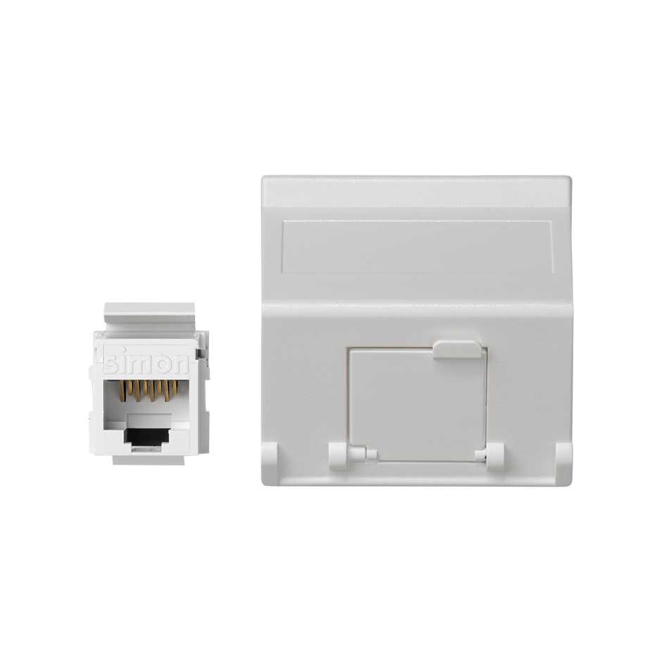 Voice and data angled plate with dust cover for 1 element and 1 RJ45 connector category 6 UTP white Simon K45