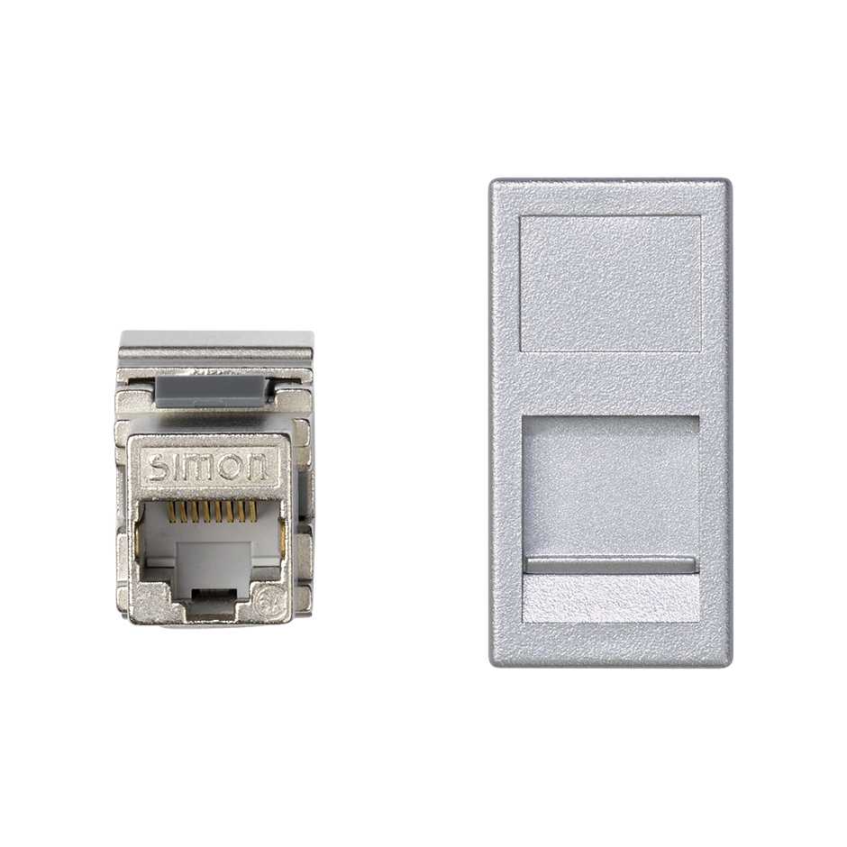 Placa de voz e dados plana com proteção de pó de 1 elemento e 1 conetor RJ45 de categoria 6 FTP alumínio Simon K45