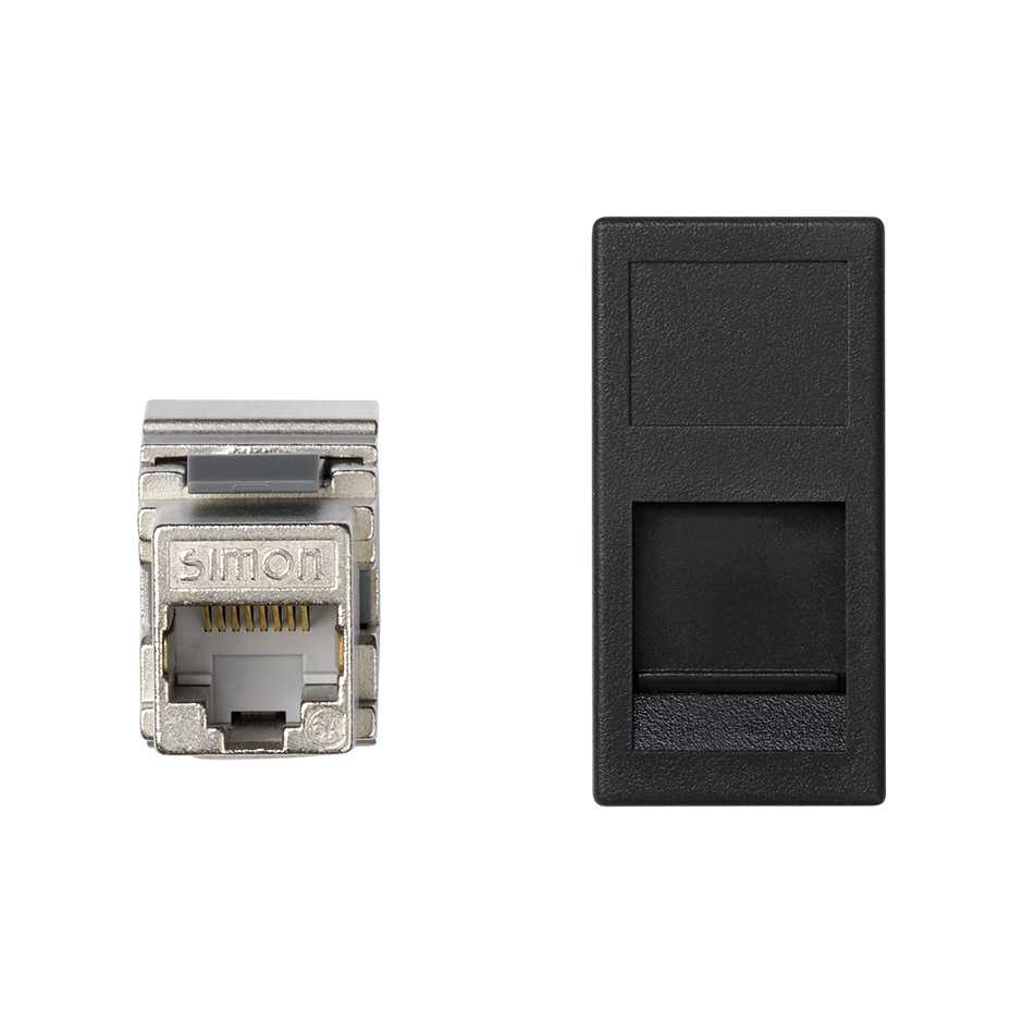 Placa de voz e dados plana com proteção de pó de 1 elemento e 1 conetor RJ45 de categoria 6 FTP preto Simon K45