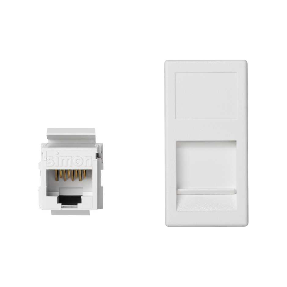 Voice and data flat plate with dust cover for 1 element and 1 RJ45 connector category 6 UTP white Simon K45