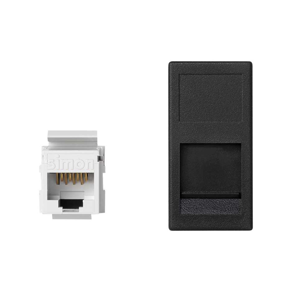 Voice and data flat plate with dust cover for 1 element and 1 RJ45 connector category 6 UTP black Simon K45