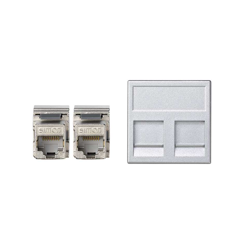 Voice and data flat plate with dust cover for 1 element and 2 RJ45 connectors category 5e FTP aluminium Simon K45