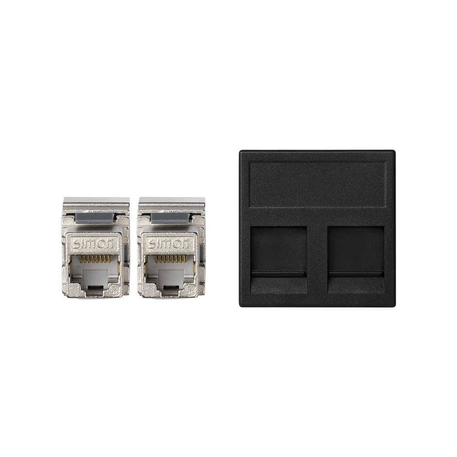 Voice and data flat plate with dust cover for 1 element and 2 RJ45 connectors category 6 FTP black Simon K45