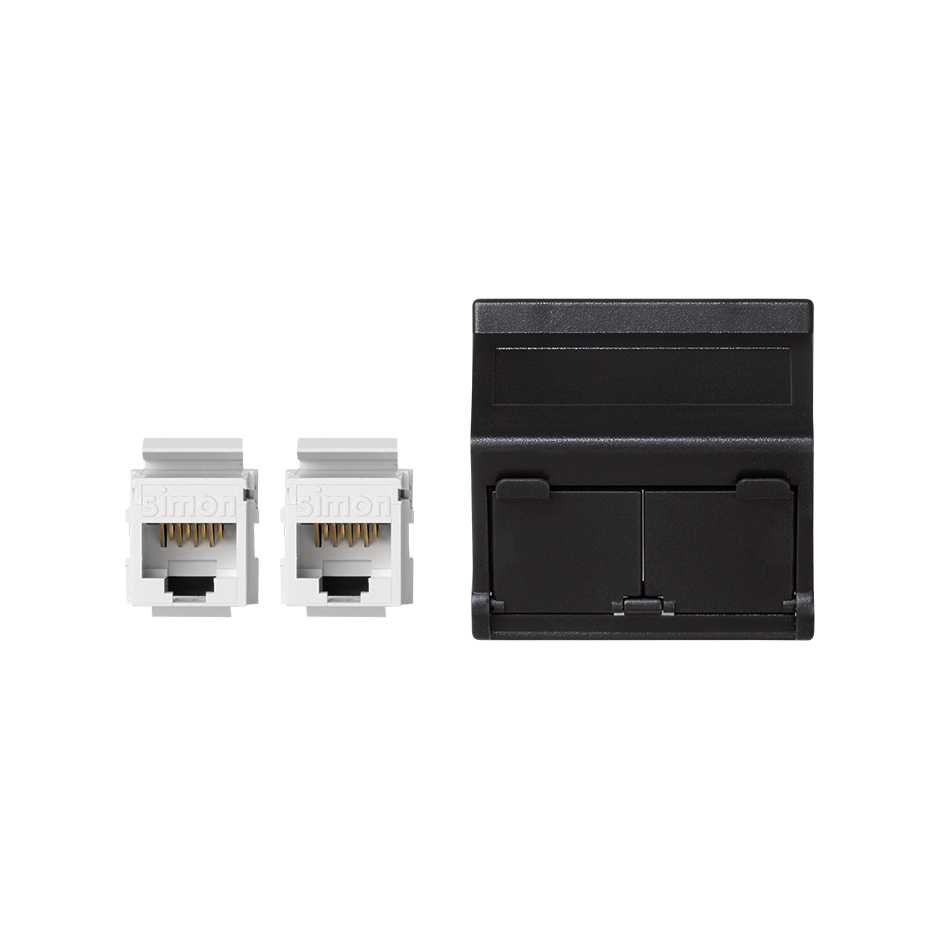 Voice and data angled plate with dust cover for 1 element and 2 RJ45 connectors category 5e UTP black Simon K45