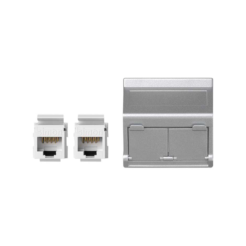 Voice and data angled plate with dust cover for 1 element and 2 RJ45 connectors category 6 UTP aluminium Simon K45
