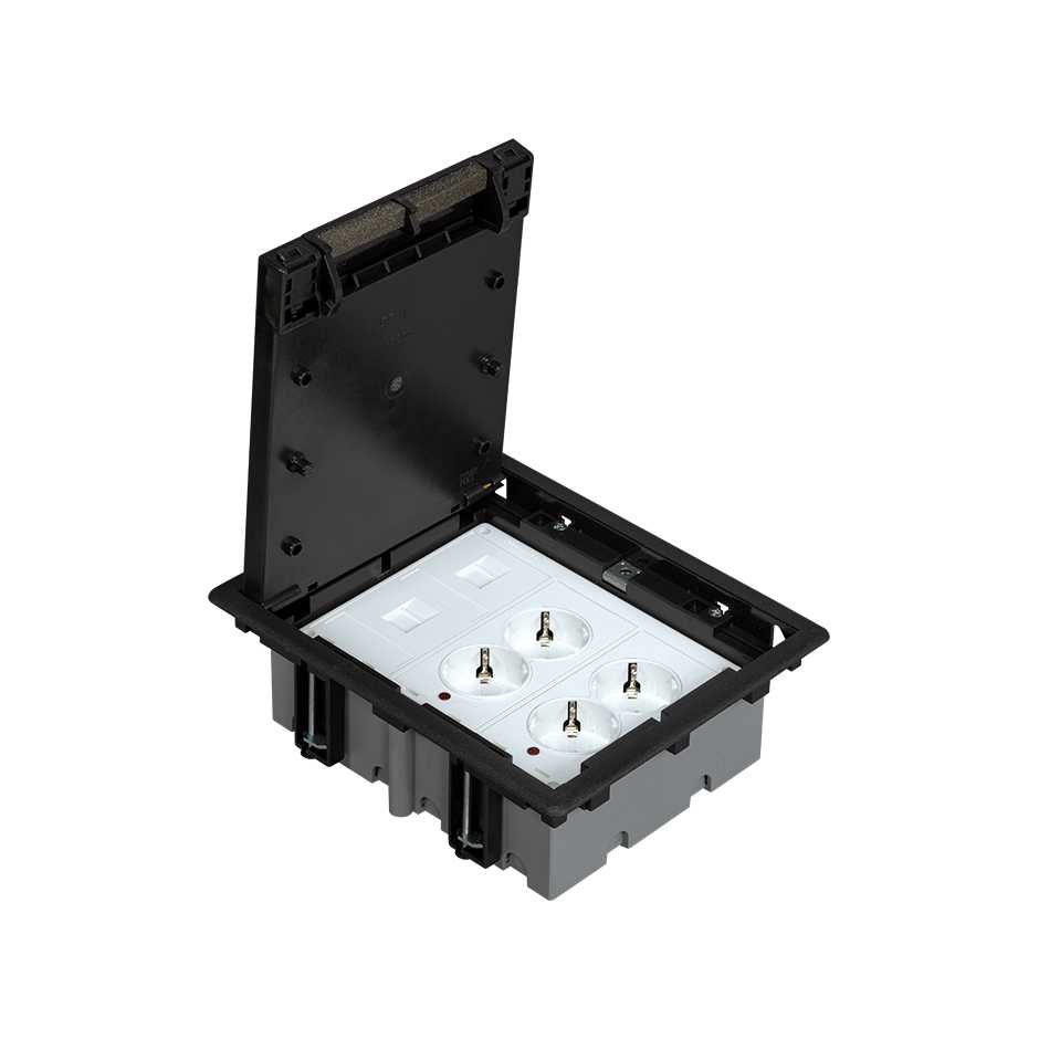 Adjustable floor box kit for pavement with 3 double elements containing 2 internally wired double sockets and a plate for 2 RJ45 graphite Simon Cima