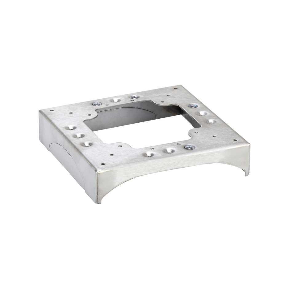 Socle de distribution de goulotte de sol avec 1 trou perforé et 3 trous pré-percés pour canalisation DCS, en acier inoxydable Simon Goulottes