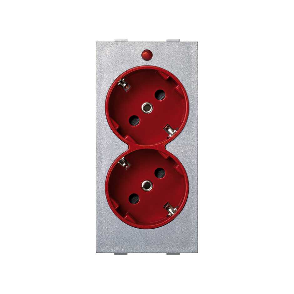 Prise schuko double 16 A 250V~ bicolore avec dispositif de sécurité, indicateur lumineux et bornage à vis rouge-aluminium Simon Cima