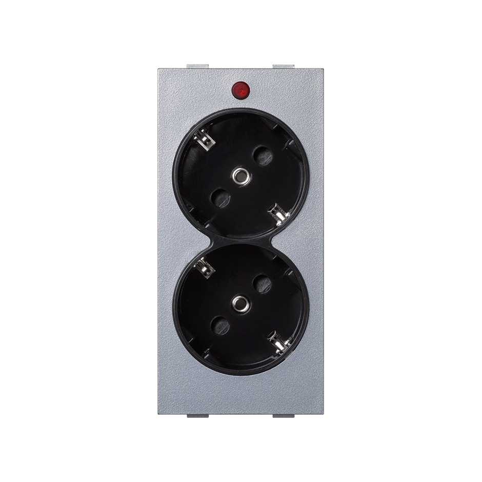 Double schuko socket 16 A 250V~ bicolor with safety device, light indicator and screw terminal connection graphite-aluminum Simon Cima