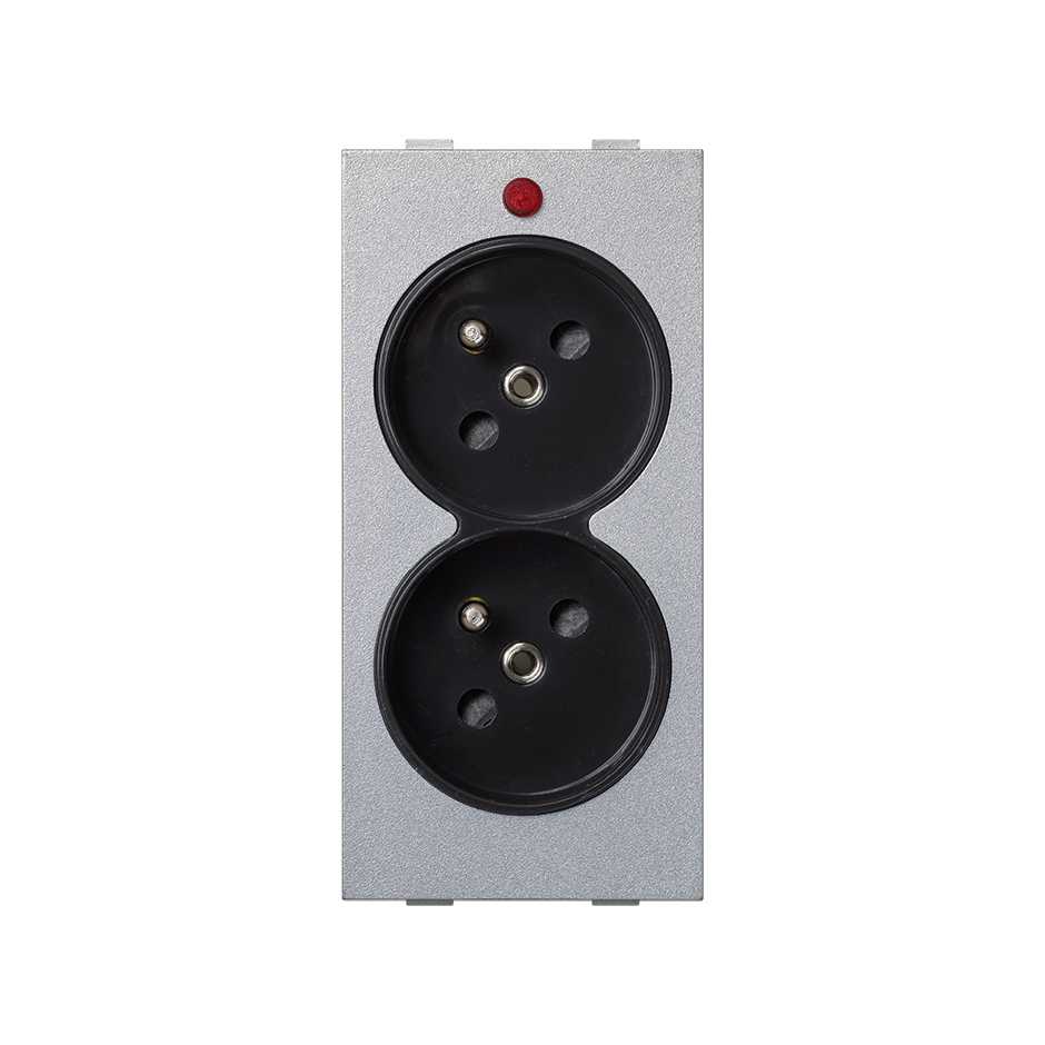 Prise double française 16 A 250V~ bicolore avec dispositif de sécurité, indicateur lumineux et bornier à vis en graphite-aluminium Simon Cima