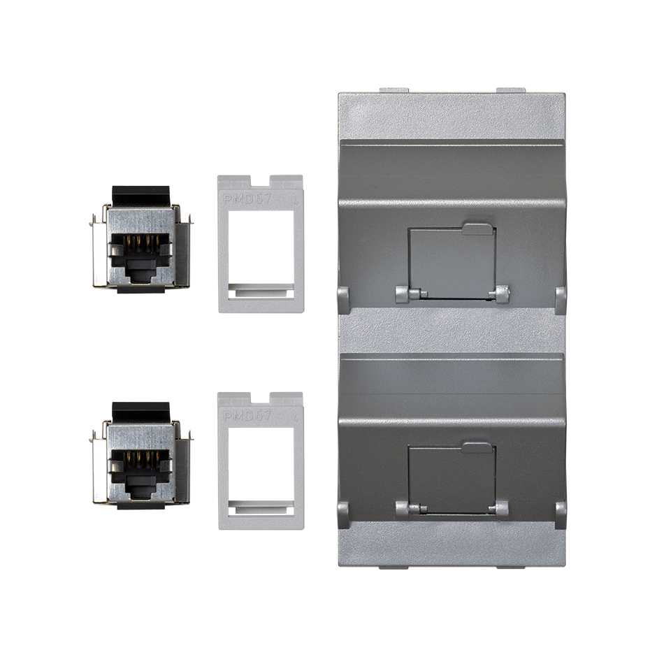 Inclined voice and data plate with dust cover and 2 RJ45 category 5e FTP of 1 double element aluminum Simon Cima