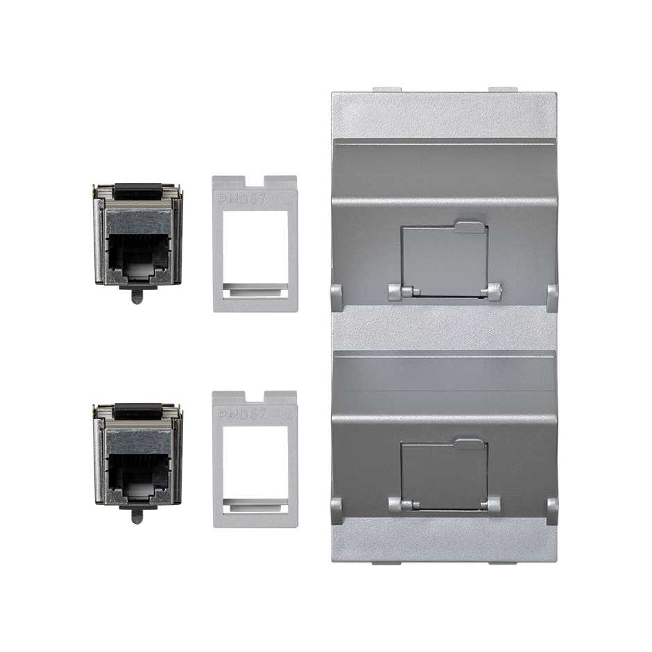 Inclined voice and data plate with dust cover and 2 RJ45 category 6 FTP of 1 double element aluminum Simon Cima