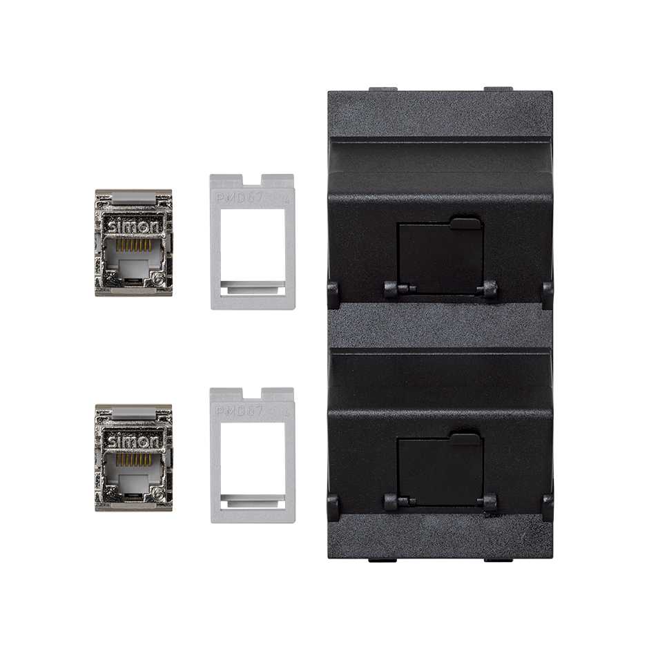Inclined voice and data plate with dust cover and 2 RJ45 category 6 FTP of 1 double element graphite Simon Cima