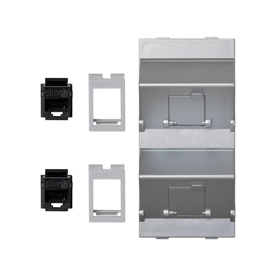 Inclined voice and data plate with dust cover and 2 RJ45 category 6 UTP of 1 double element aluminum Simon Cima