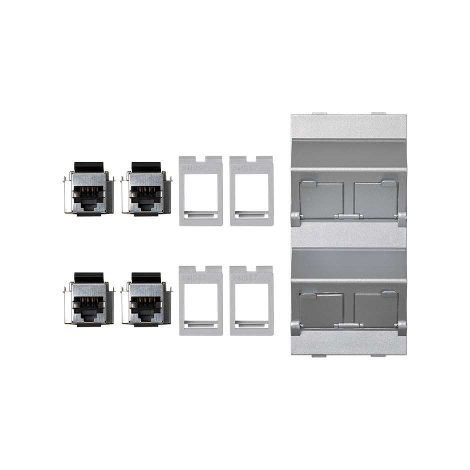 Inclined voice and data plate with dust cover and 4 RJ45 category 5e FTP of 1 double element aluminum Simon Cima
