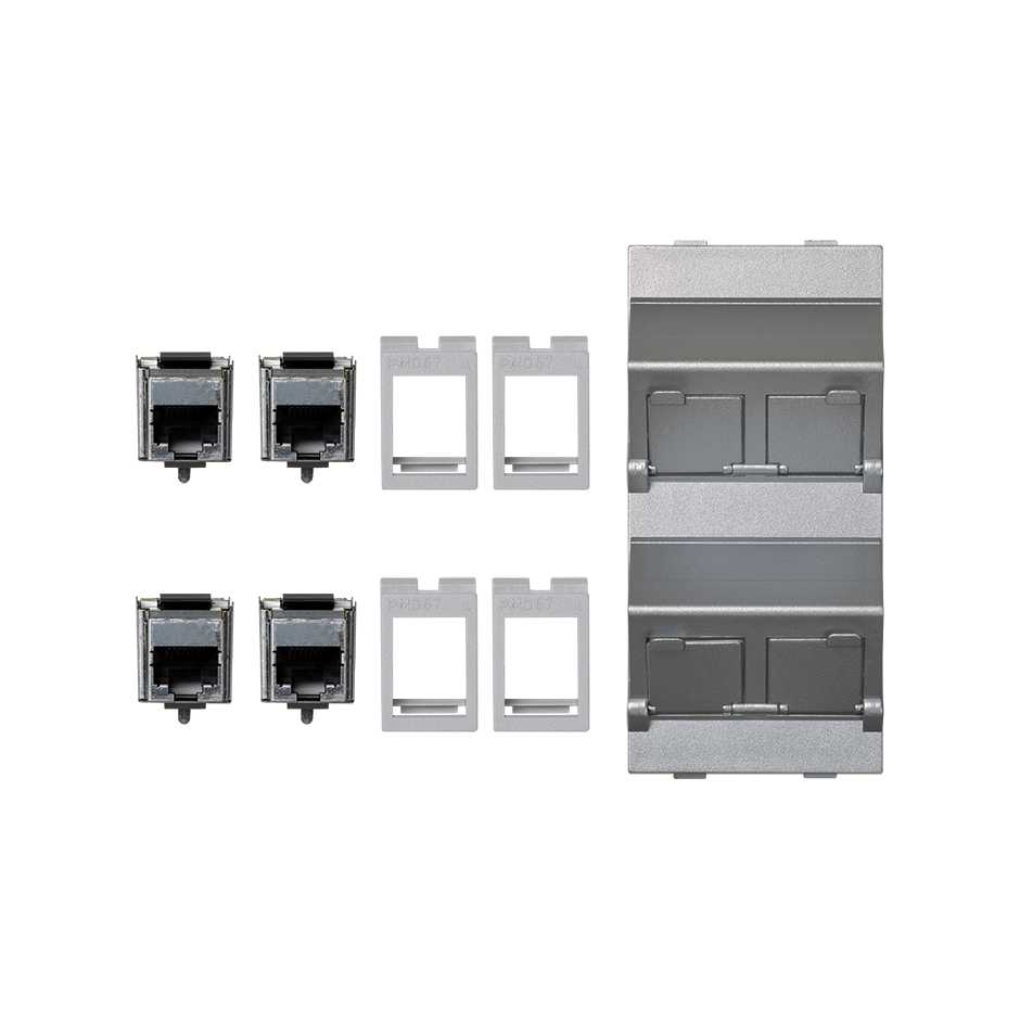 Inclined voice and data plate with dust cover and 4 RJ45 category 6 FTP of 1 double element aluminum Simon Cima