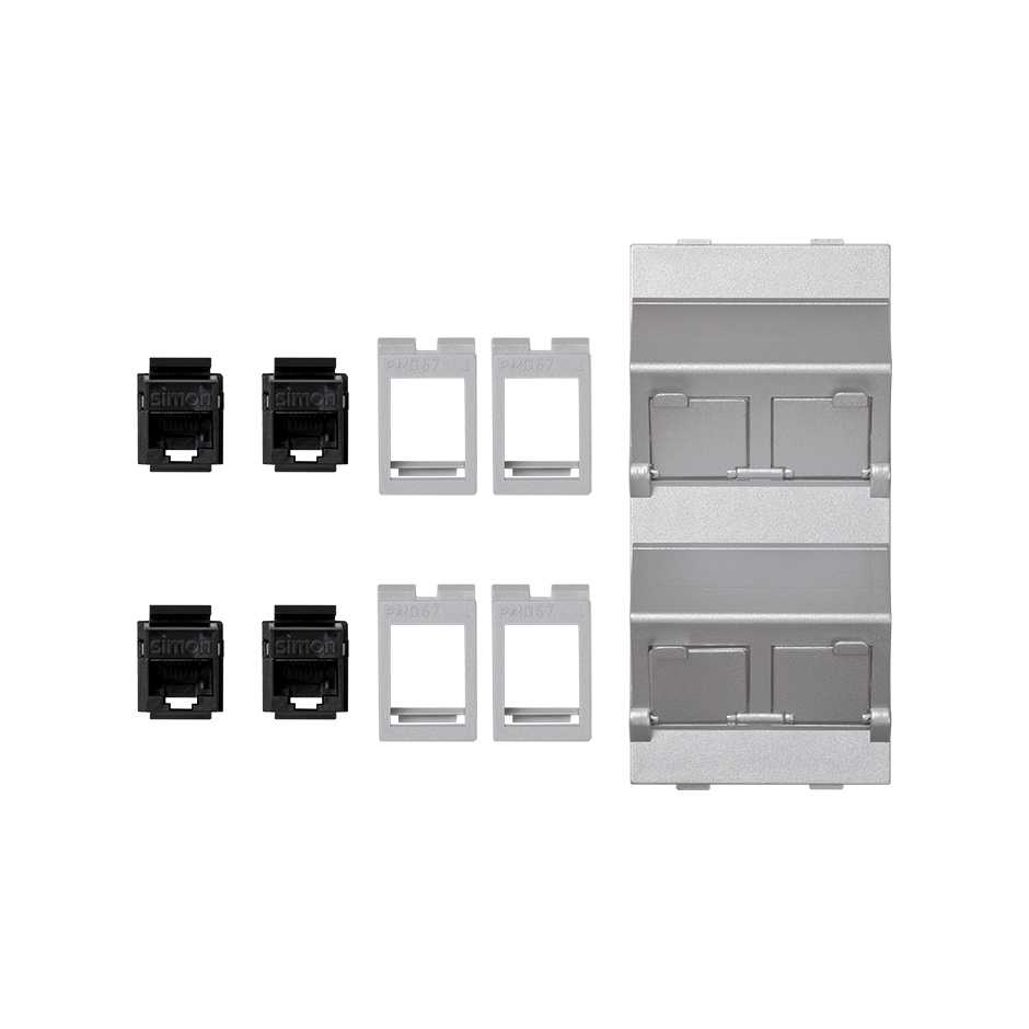 Inclined voice and data plate with dust cover and 4 RJ45 category 6 UTP of 1 double element aluminum Simon Cima