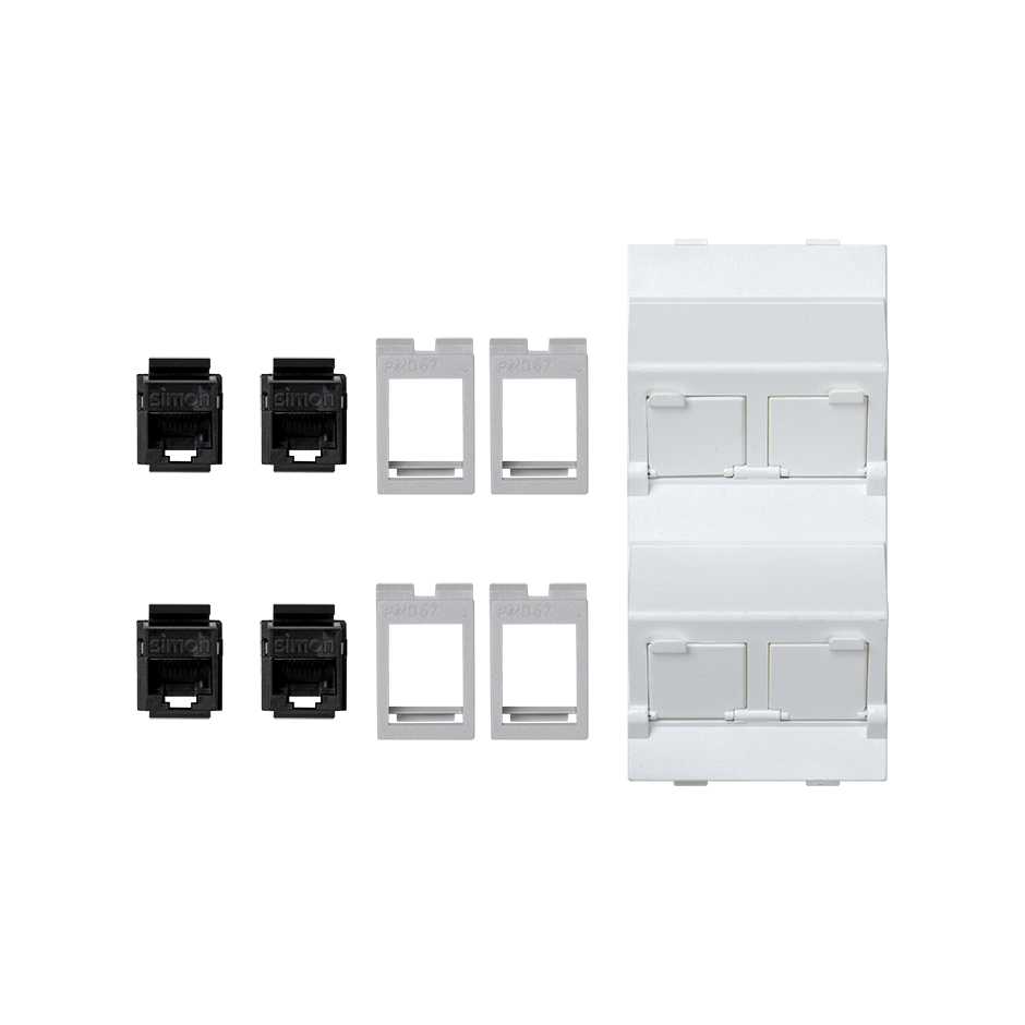 Inclined voice and data plate with dust cover and 4 RJ45 category 6 UTP of 1 double element white Simon Cima