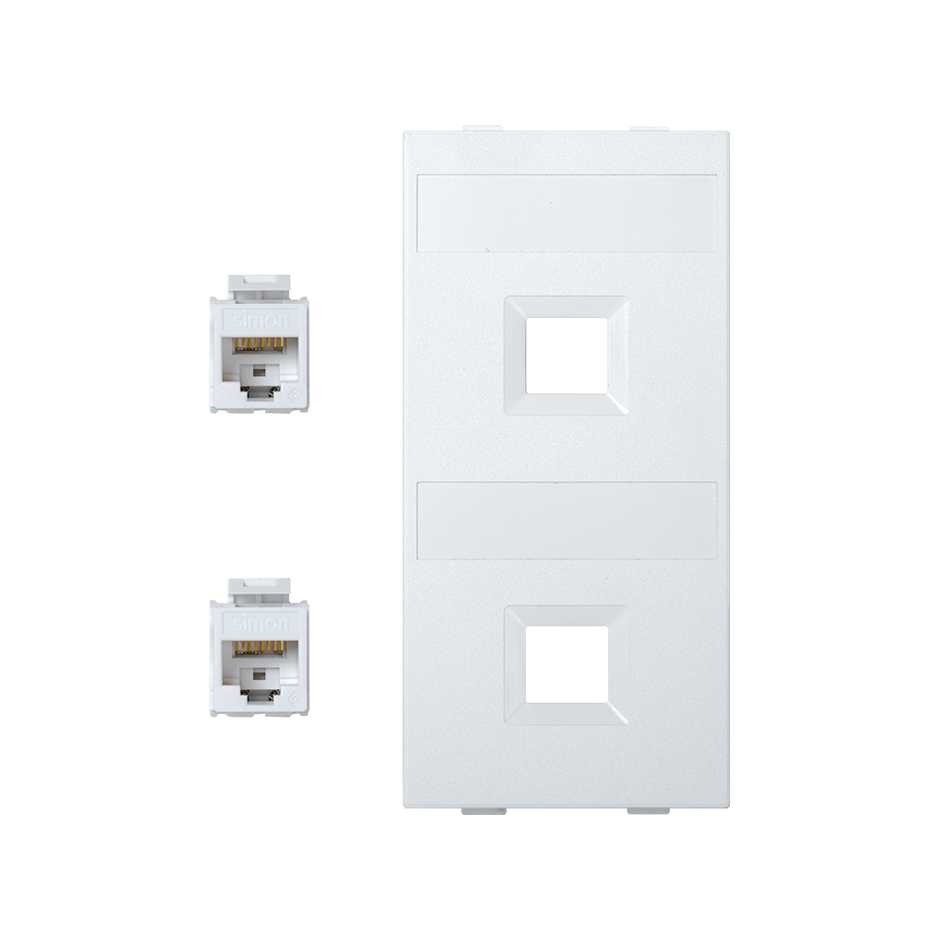 Flat voice and data plate without dust cover with 2 RJ45 category 5e UTP double element white Simon Cima