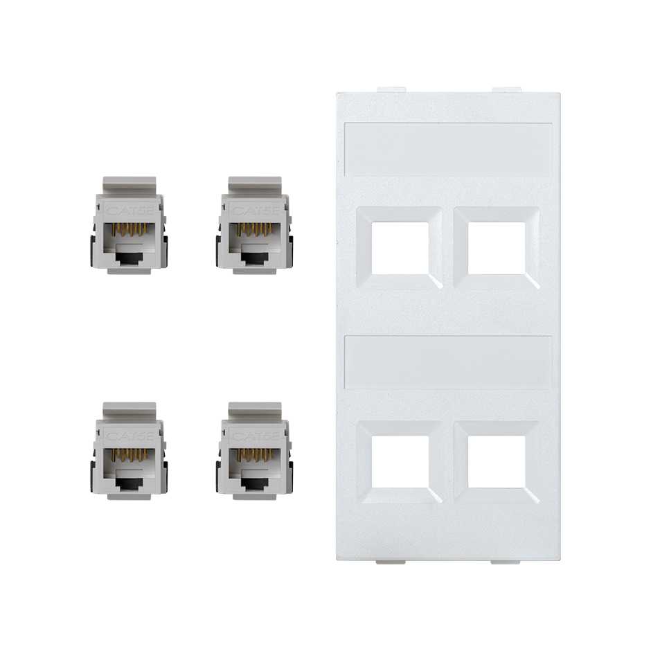 Flat voice and data plate without dust cover with 4 RJ45 category 5e FTP double element white Simon Cima