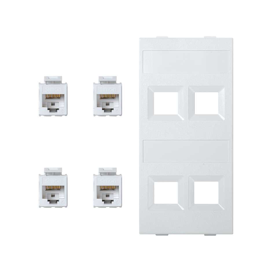 Flat voice and data plate without dust cover with 4 RJ45 category 5e UTP double element white Simon Cima