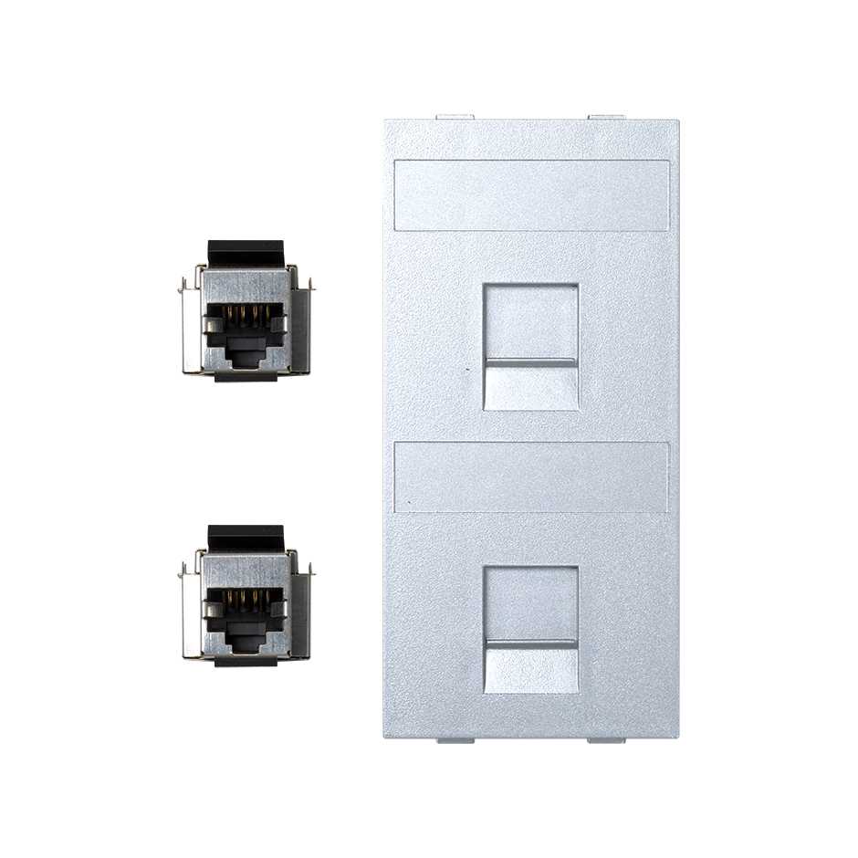 Flat voice and data plate with dust cover with 2 RJ45 category 5e FTP 1 double element aluminum Simon Cima