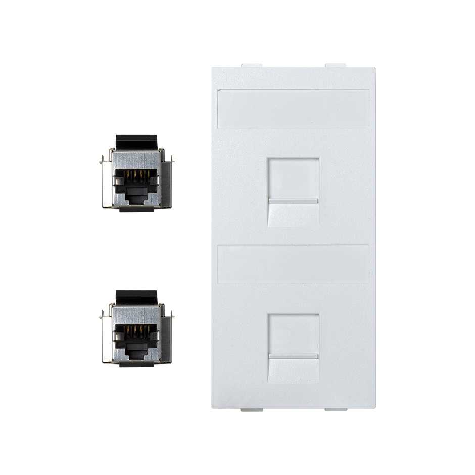 Flat voice and data plate with dust cover with 2 RJ45 category 5e FTP 1 double element white Simon Cima
