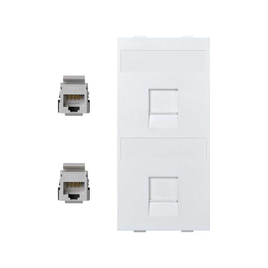 Flat voice and data plate with dust cover with 2 RJ45 category 5e UTP 1 double element white Simon Cima