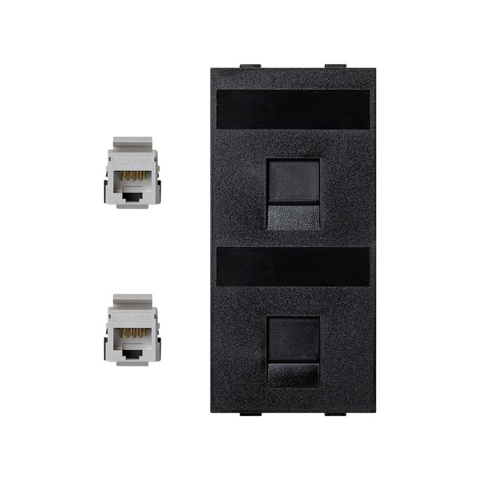 Flat voice and data plate with dust cover with 2 RJ45 category 5e UTP 1 double element graphite Simon Cima