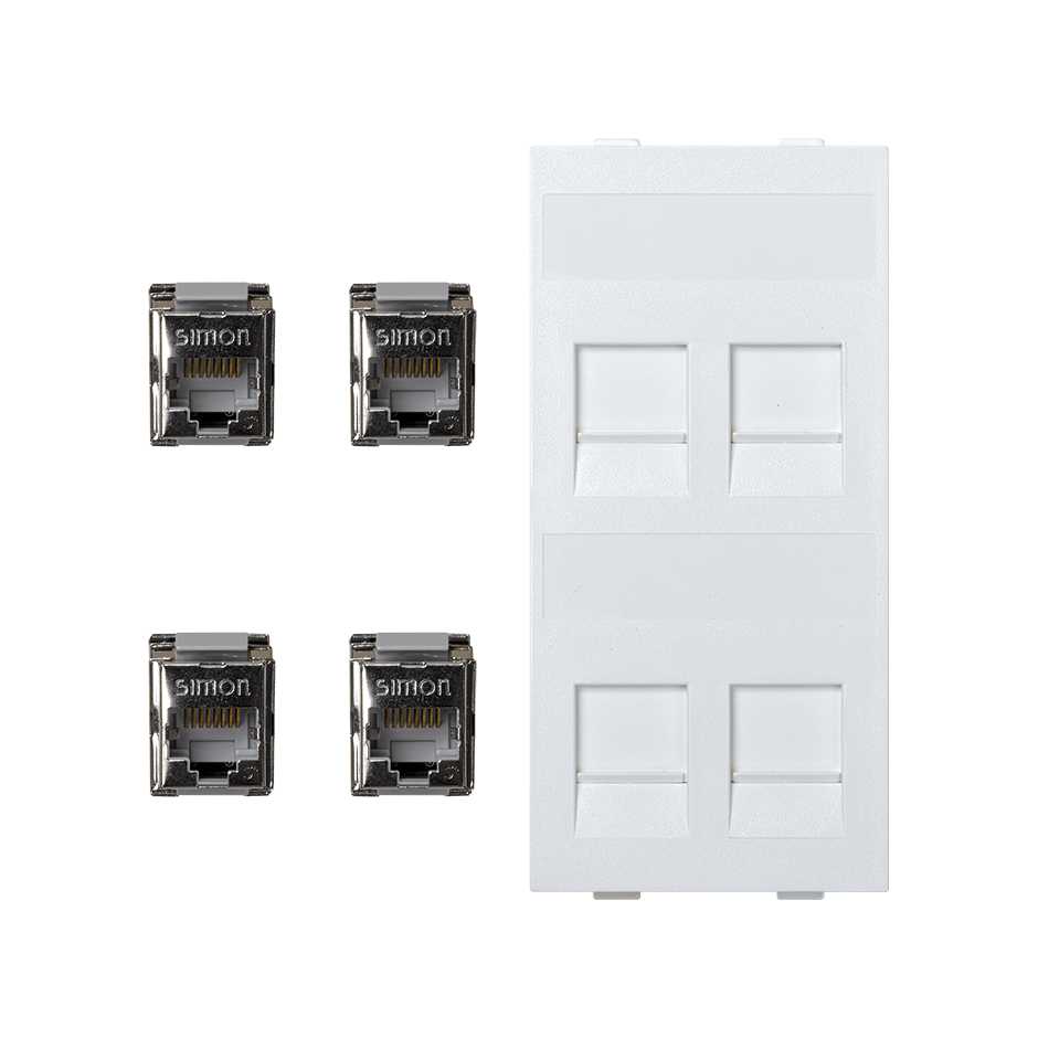 Flat voice and data plate with dust cover with 4 RJ45 category 5e FTP 1 double element white Simon Cima