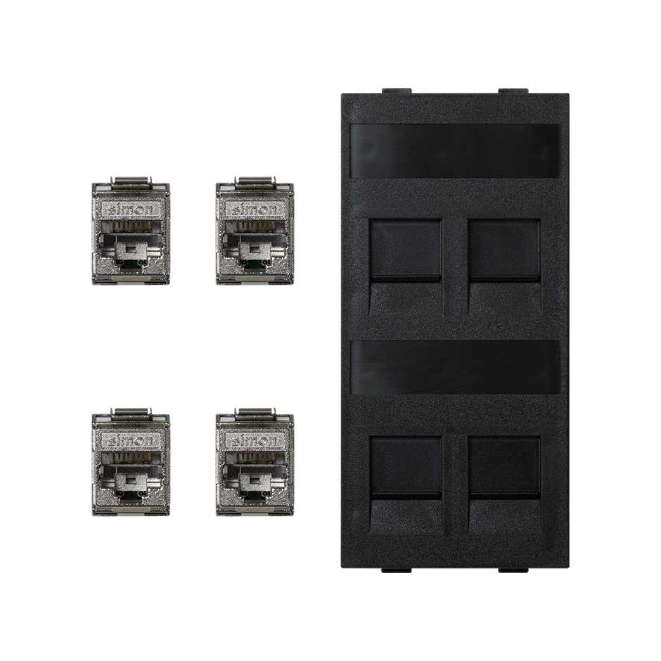 Flat voice and data plate with dust cover with 4 RJ45 category 5e FTP 1 double element graphite Simon Cima