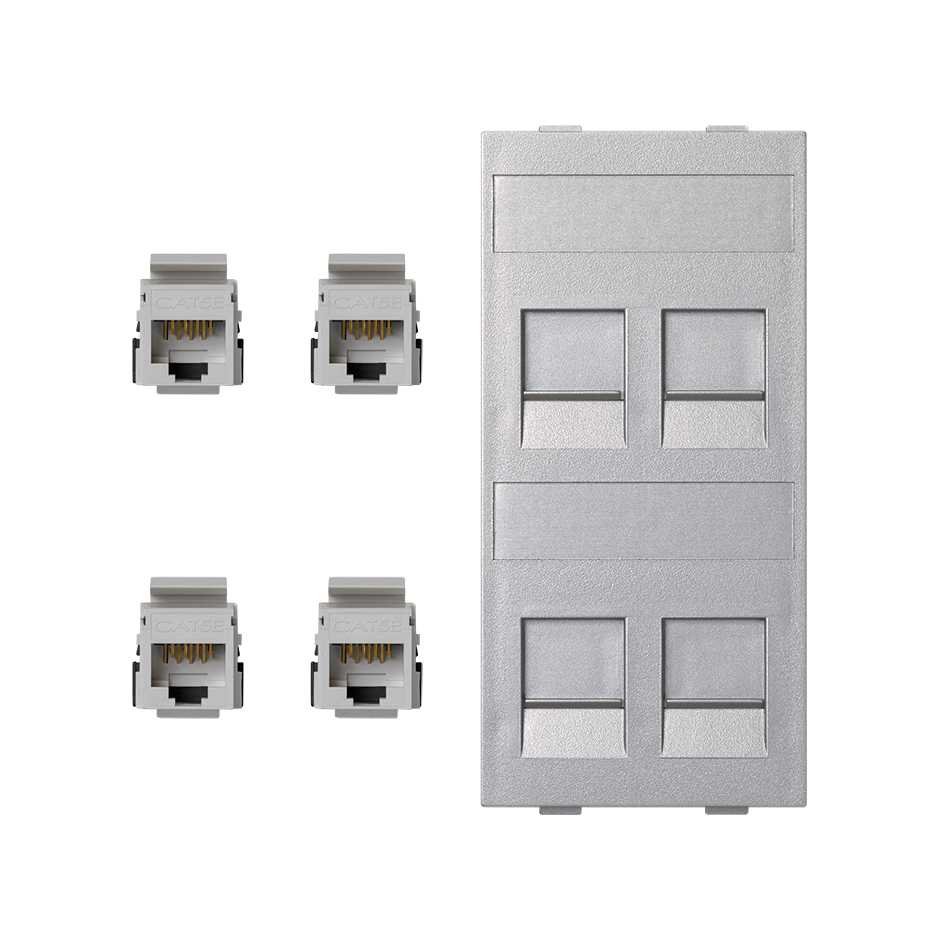 Flat voice and data plate with dust cover with 4 RJ45 category 5e UTP of 1 double element aluminum Simon Cima