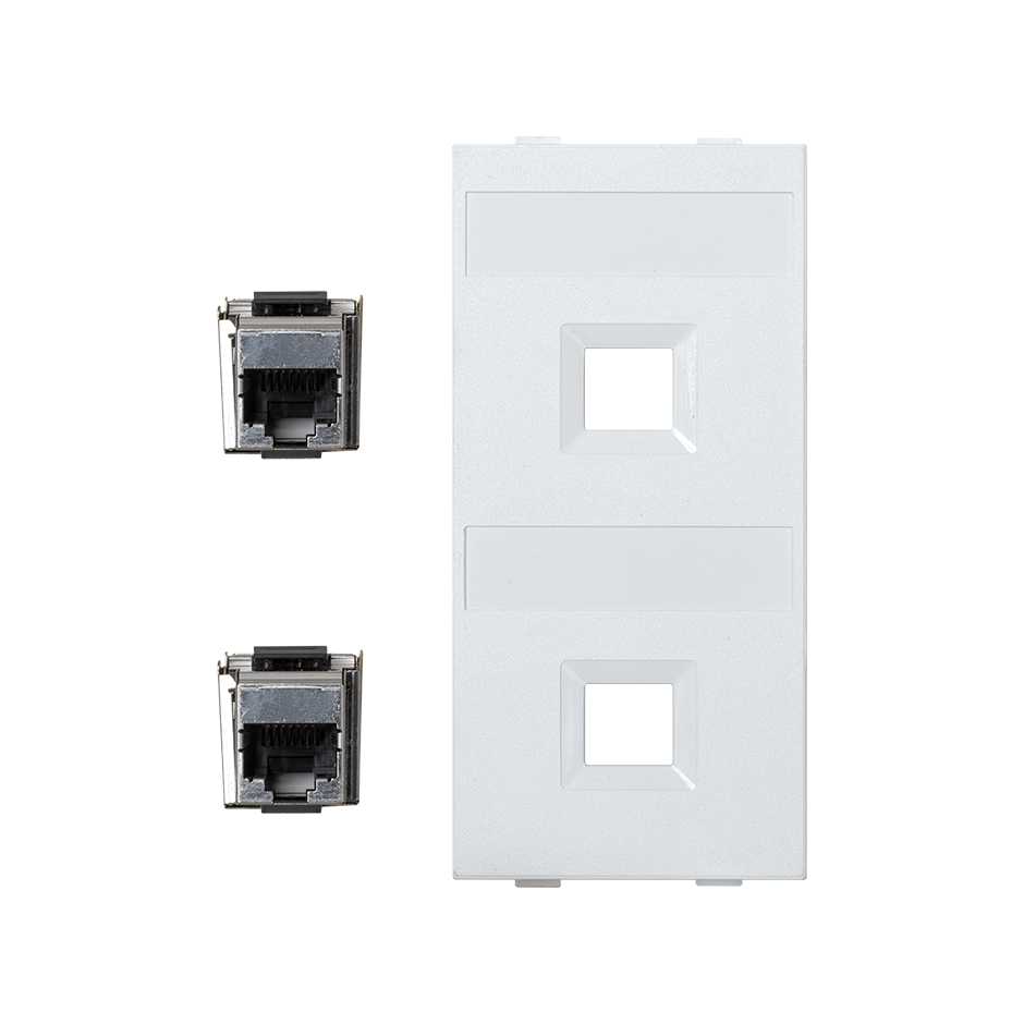 Flat voice and data plate without dust cover with 2 RJ45 category 6 FTP double element white Simon Cima