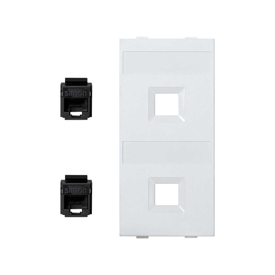 Flat voice and data plate without dust cover with 2 RJ45 category 6 UTP double element white Simon Cima