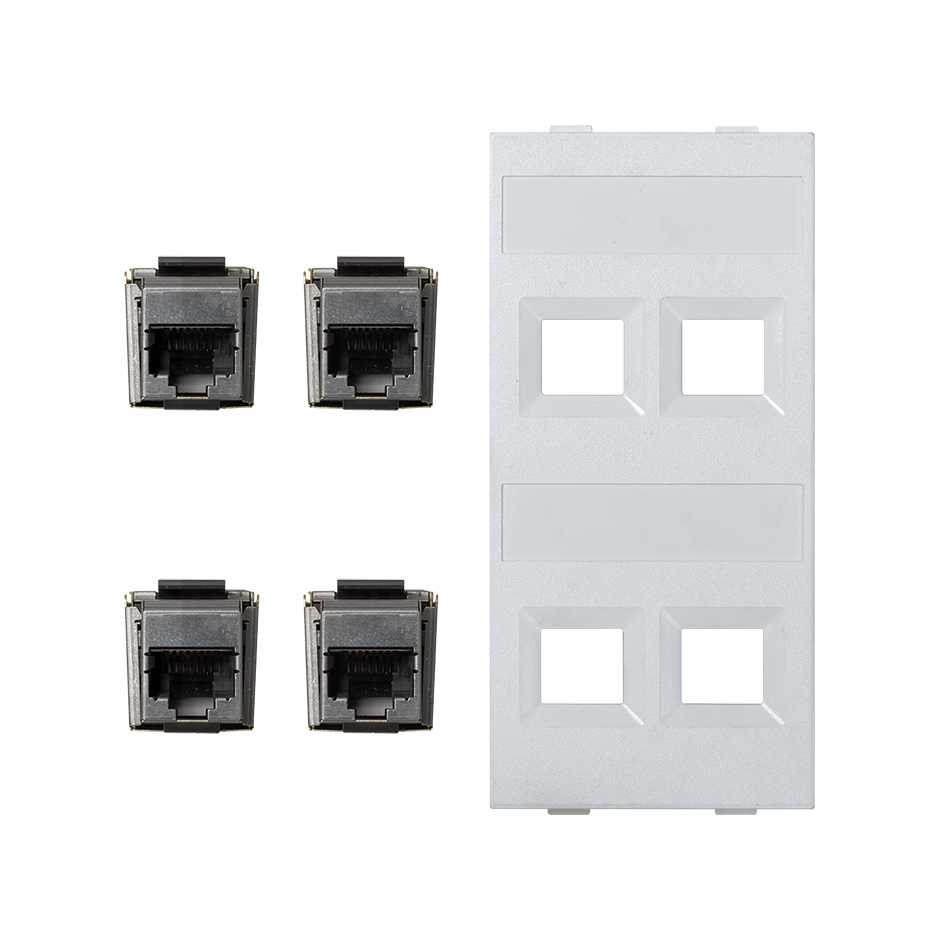 Flat voice and data plate without dust cover with 4 RJ45 category 6 FTP double element white Simon Cima
