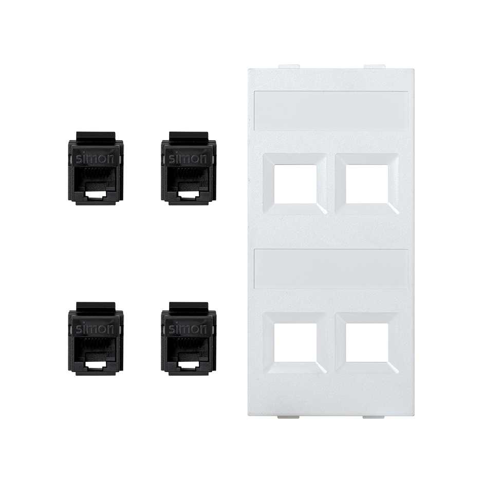 Flat voice and data plate without dust cover with 4 RJ45 category 6 UTP double element white Simon Cima