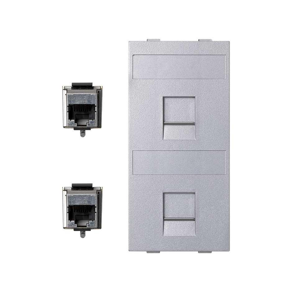 Flat voice and data plate with dust cover with 2 RJ45 category 6 FTP of 1 double element aluminum Simon Cima