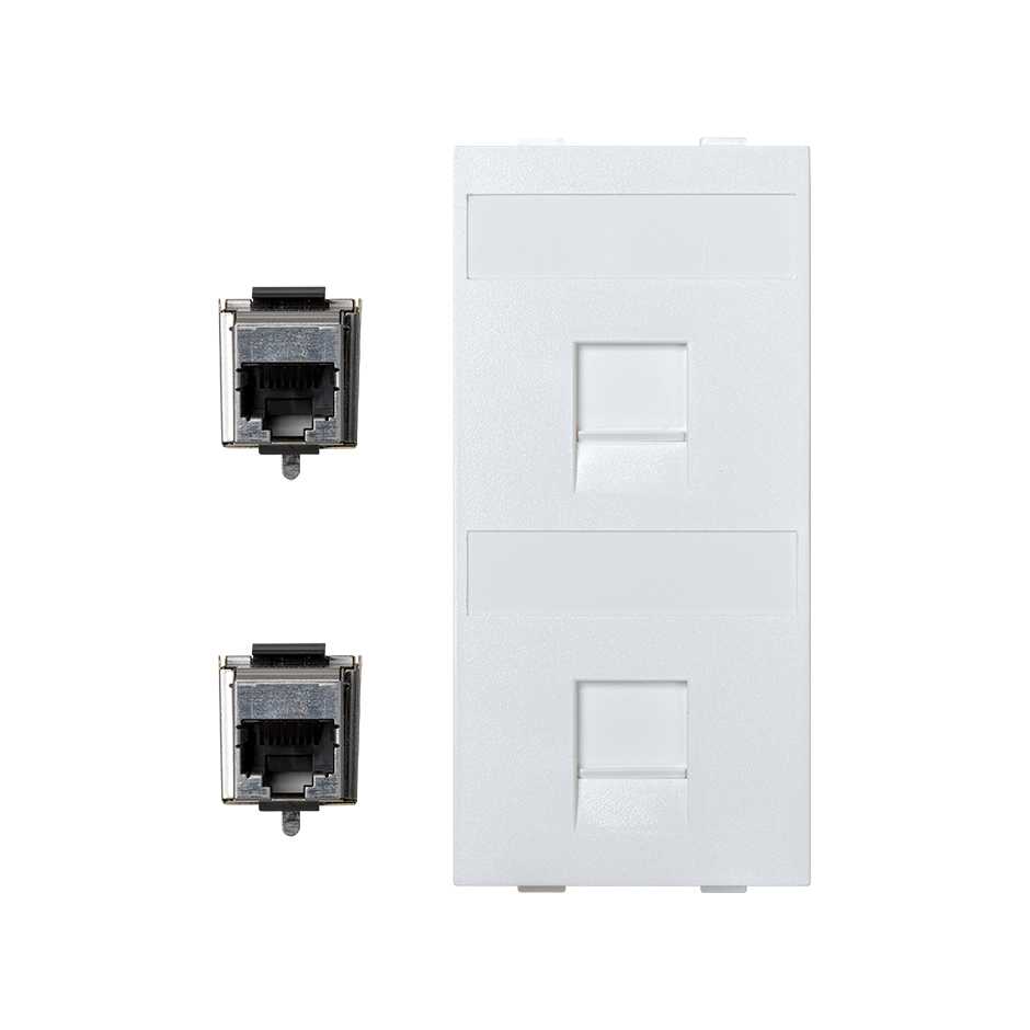 Flat voice and data plate with dust cover with 2 RJ45 category 6 FTP of 1 double element white Simon Cima