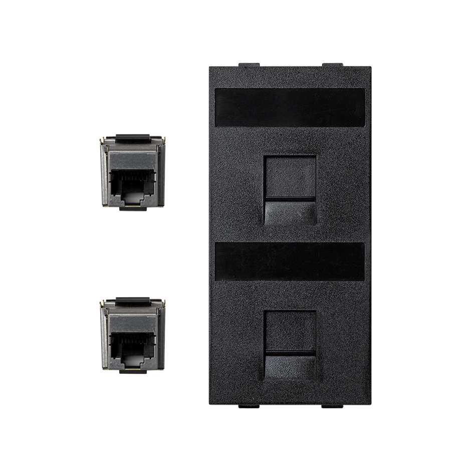 Flat voice and data plate with dust cover with 2 RJ45 category 6 FTP of 1 double element graphite Simon Cima